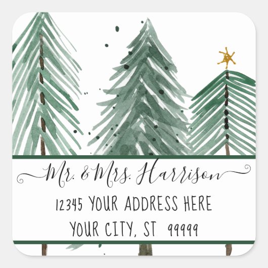クリスマスツリーファームモダンスターウォーターカラーアドレス スクエアシール (正面)