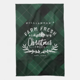 クリスマスツリーファームヴィンテージトラックグリーンプレイド キッチンタオル
