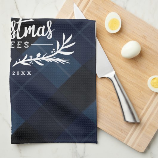 クリスマスツリーファームヴィンテージトラックネイビーブループレイド キッチンタオル (四つ折り)