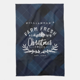 クリスマスツリーファームヴィンテージトラックネイビーブループレイド キッチンタオル