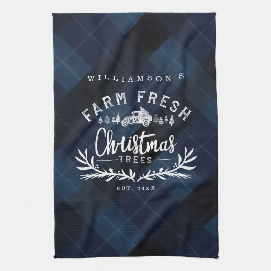 クリスマスツリーファームヴィンテージトラックネイビーブループレイド キッチンタオル (縦)
