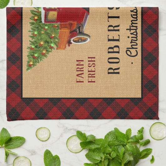 クリスマスツリーファームヴィンテージトラックレッドプレイド素朴 キッチンタオル (折り畳み)