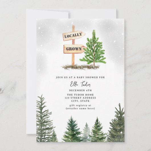 クリスマスツリーファーム地元で育った雪の赤ちゃんシャワー 招待状 (正面)