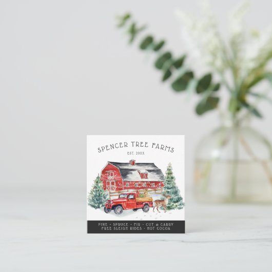 クリスマスツリーファーム |ヴィンテージレッドファームハウストラック スクエア名刺 (スタンド正面)