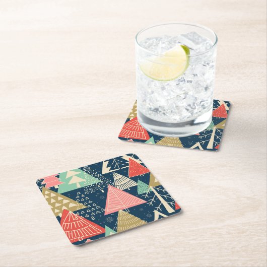 クリスマスツリーフェスティバルシームレスイラストレーション。 スクエアペーパーコースター (インサイチュ)