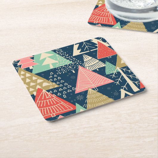 クリスマスツリーフェスティバルシームレスイラストレーション。 スクエアペーパーコースター (アングル)