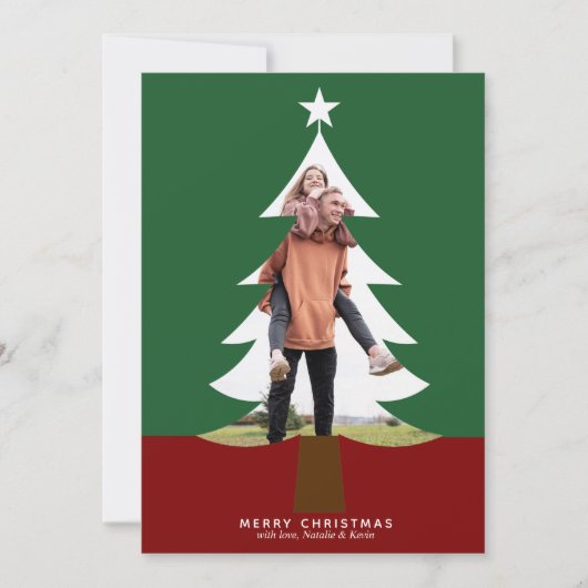 クリスマスツリーフォト切り出しシックモダングリーンレッド シーズンカード (正面)