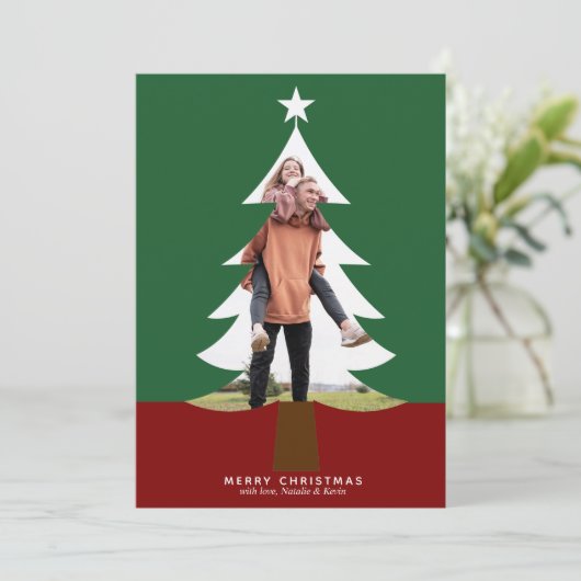 クリスマスツリーフォト切り出しシックモダングリーンレッド シーズンカード (スタンド正面)