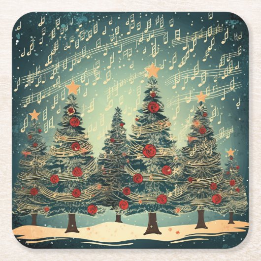クリスマスツリーフォレストお祝い スクエアペーパーコースター (正面)