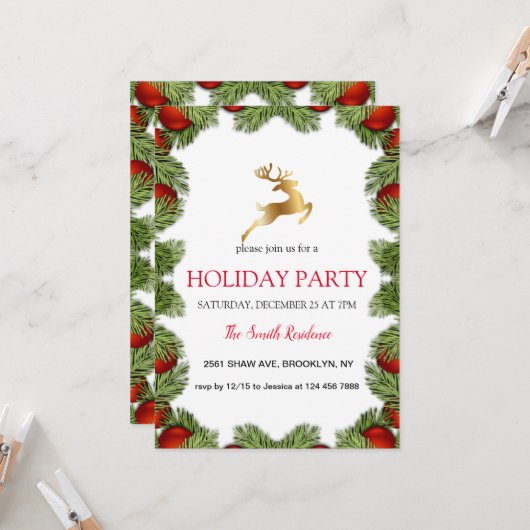 クリスマスツリーフレーム、ゴールデントナカイ 招待状 (正面/裏面インサイチュ)