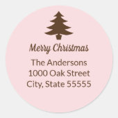 クリスマスツリーブラウン淡い色のとピンク差出人住所 ラウンドシール (正面)