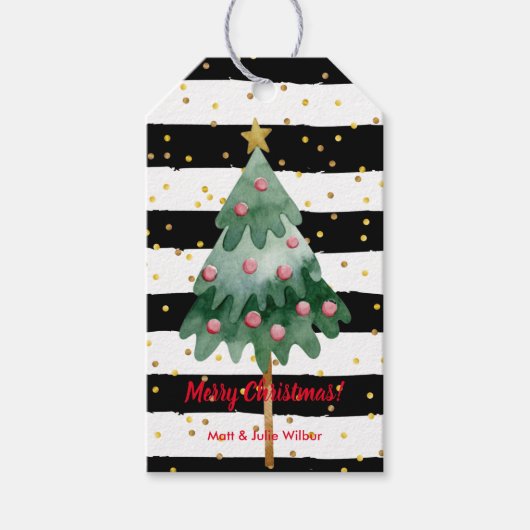 クリスマスツリーブラックとホワイトのストライプ ギフトタグ (正面)