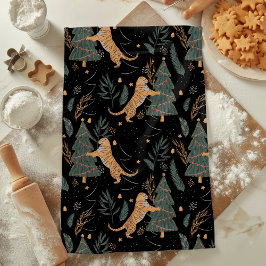 「クリスマスツリーブラックとヴィンテージクリスマスタイガー キッチンタオル