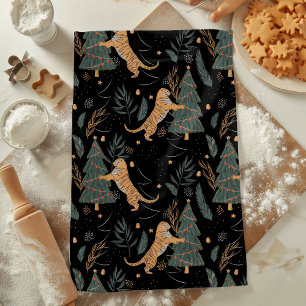 「クリスマスツリーブラックとヴィンテージクリスマスタイガー キッチンタオル