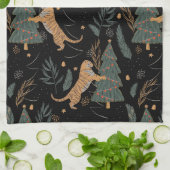 「クリスマスツリーブラックとヴィンテージクリスマスタイガー キッチンタオル (折り畳み)