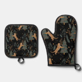 「クリスマスツリーブラックとヴィンテージクリスマスタイガー 鍋つかみ&鍋敷きセット (正面)