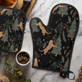 「クリスマスツリーブラックとヴィンテージクリスマスタイガー 鍋つかみ&鍋敷きセット