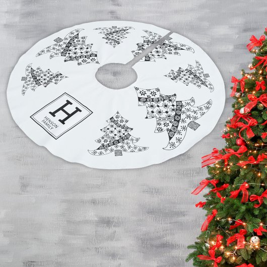 クリスマスツリーブラック&ホワイトホリデーモノグラム ブラッシュドポリエステルツリースカート