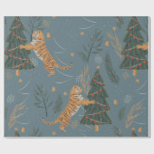 クリスマスツリーブルーとヴィンテージクリスマスタイガー ラッピングペーパー (フラット)