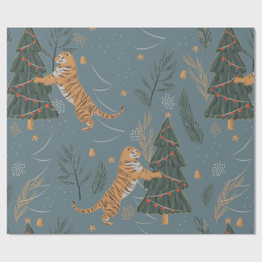 クリスマスツリーブルーとヴィンテージクリスマスタイガー ラッピングペーパー (フラット)