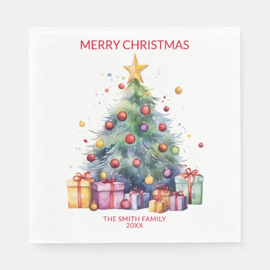 クリスマスツリープレゼントレッドパーティー スタンダードランチョンナプキン (正面)