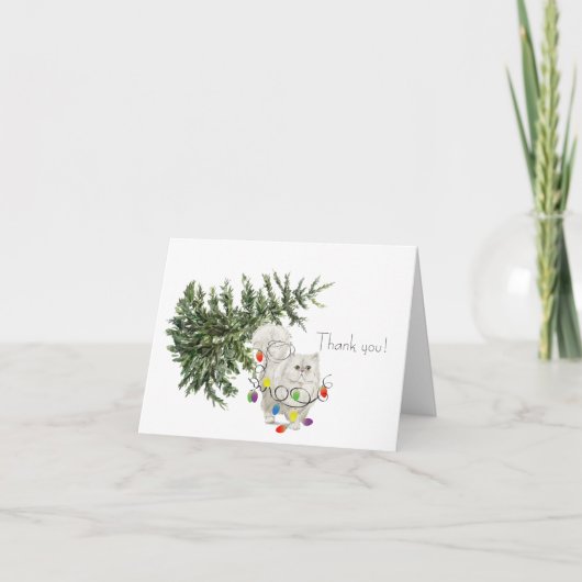 クリスマスツリーホリデーカードに絡まる猫 サンキューカード (正面)