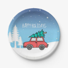 クリスマスツリーホリデーズ紙プレート7"