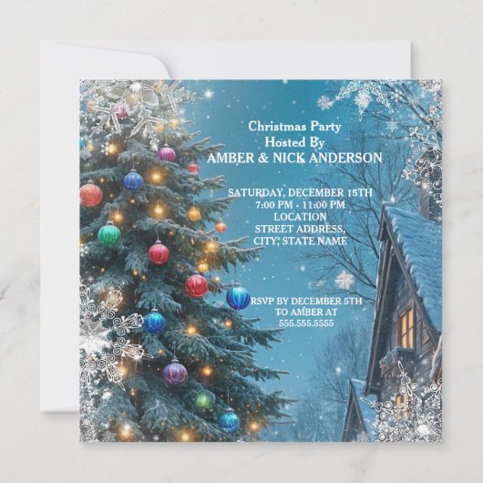 クリスマスツリーホリデーパーティーウィンタートインデナース雪 招待状 (裏面)