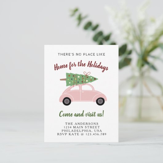 クリスマスツリーホリデームービング付き可愛いピンクの車 案内ポストカード (スタンド正面)