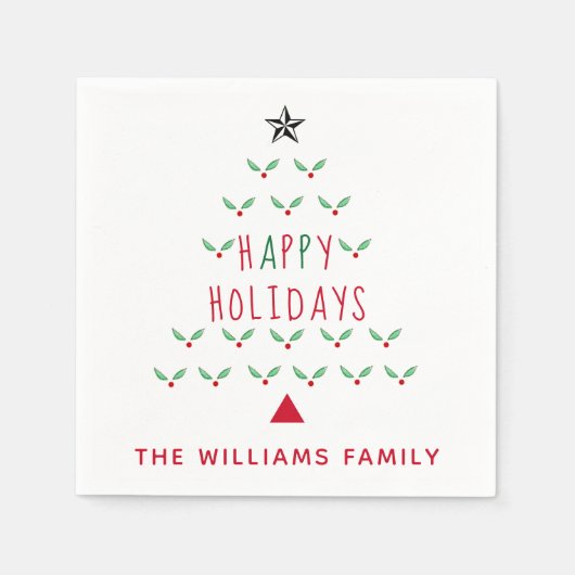 クリスマスツリーホリーハッピーホリデーズモダン スタンダードカクテルナプキン (正面)