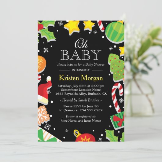 クリスマスツリーホリーベリーかわいい赤ちゃんシャワー 招待状 (スタンド正面)