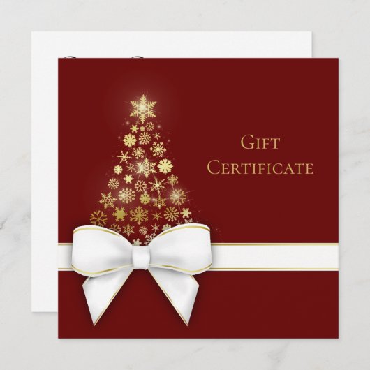 クリスマスツリーホワイトボウ金ゴールド雪片ギフトカード (正面/裏面)