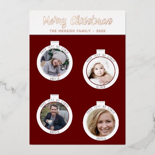 クリスマスツリーボールレッドファミリーフォトコラージュ 箔シーズンカード (正面)