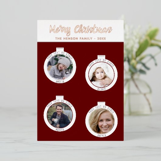 クリスマスツリーボールレッドファミリーフォトコラージュ 箔シーズンカード (立ち正面)