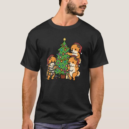 クリスマスツリーポメラニア犬犬 Tシャツ (正面)