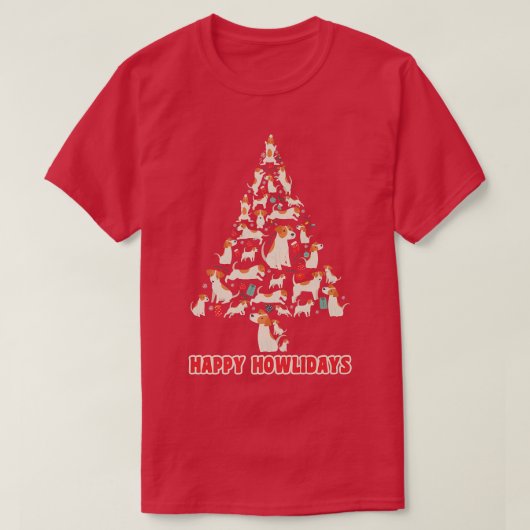 クリスマスツリーマス冬のデザイン犬ハッピーハウルド Tシャツ (デザイン正面)