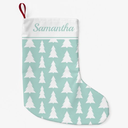 クリスマスツリーミントグリーンパターンと名前をカスタムする スモールクリスマスストッキング (正面)