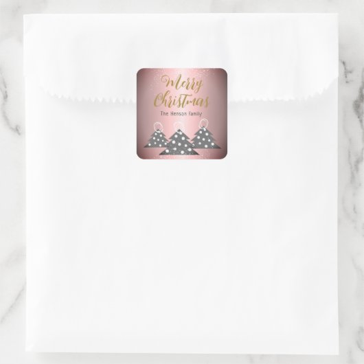 クリスマスツリーメタリックピンクファミリーホリデー スクエアシール (バッグ)