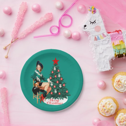 クリスマスツリーメリーなChristmaを持つヴィンテージの女性のカーボーイ ペーパープレート (パーティー)