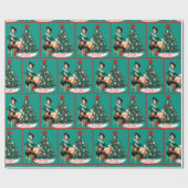 クリスマスツリーメリーなChristmaを持つヴィンテージの女性のカーボーイ ラッピングペーパー (フラット)