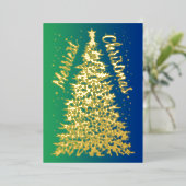 クリスマスツリーメリークリスマスブルーグラデーション 箔シーズンカード (立ち正面)