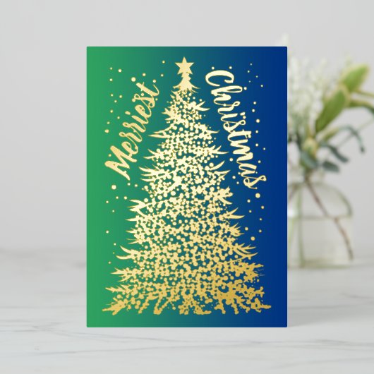 クリスマスツリーメリークリスマスブルーグラデーション 箔シーズンカード (立ち正面)