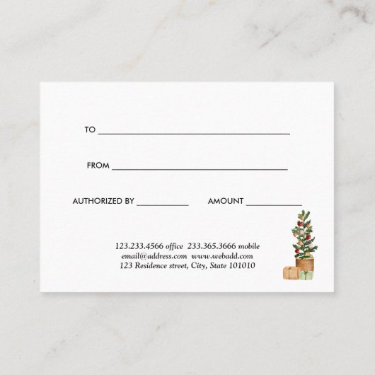 クリスマスツリーモダンの休日のギフト証明書 割引カード (裏面)
