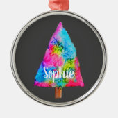 クリスマスツリーモダンは、青とピファンキーンクの色をしています メタルオーナメント (正面)