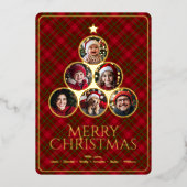 クリスマスツリーモダンタータンチェックプレイドファミリーフォト 箔シーズンカード (正面)