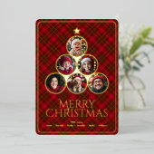 クリスマスツリーモダンタータンチェックプレイドファミリーフォト 箔シーズンカード (立ち正面)