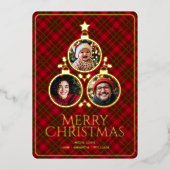 クリスマスツリーモダンタータンチェックプレイドファミリー3写真 箔シーズンカード (正面)