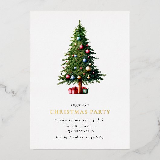 クリスマスツリーモダンホリデーパーティー 箔招待状 (正面)