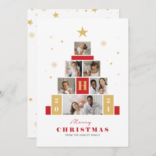 クリスマスツリーモダンマルチフォトホリデーカード シーズンカード (正面/裏面)