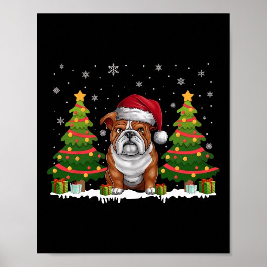 クリスマスツリーライトイングリッシュブルドッグサンタハットクリスマス ポスター (正面)